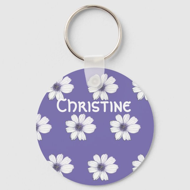 Porte-clés Nom personnalisé Bouton motif de fleurs violettes  (Recto)