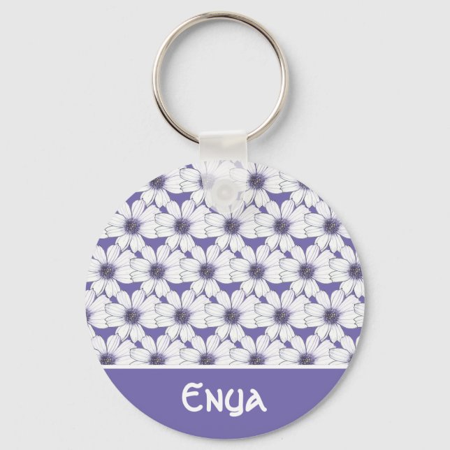Porte-clés Nom personnalisé Bouton motif de fleurs violettes  (Recto)