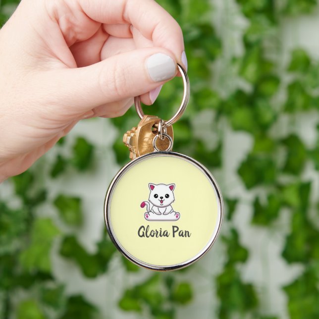 Porte-clés Nom personnalisé chat blanc mignon sur fond jaune (Main)