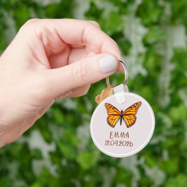 Porte-clés Nom personnalisé de papillon monarque Date Art (main)