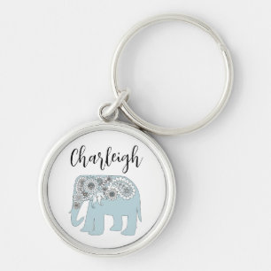 Porte-clés Nom personnalisé éléphant paisley bleu