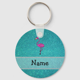 Porte-clés Nom personnalisé flamingo parties scintillant turq
