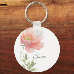 Porte-clés Nom personnalisé Fleur aquarelle élégante