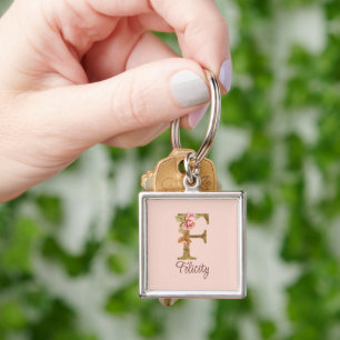 Porte-clés Nom personnalisé Lettre F Rose Blush Feuille d'Or