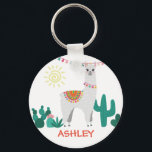 Porte-clés nom personnalisé llama<br><div class="desc">Porte - clé avec un lama mignon avec des cactus et des bannières de fiesta. Personnalisez-le avec votre nom et profitez ! Il peut être utilisé comme balise de nom de retour arrière.</div>