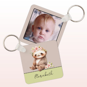 Porte-clés Nom personnalisé mignon paresseux 1 photo verte