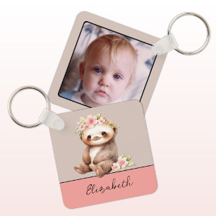 Porte-clés Nom personnalisé mignon paresseux 1 photo verte