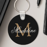 Porte-clés Nom personnalisé Monogramme Elégant Black Gold<br><div class="desc">Créez votre propre porte - clé rond noir personnalisé avec votre nom de script de calligraphie personnalisé et votre monogramme.</div>