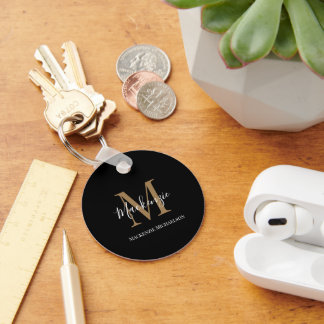 Porte-clés Nom personnalisé Monogramme élégant en or noir
