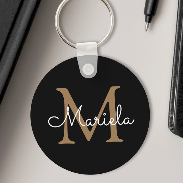 Porte-clés Nom personnalisé Monogramme Joli manuscrit noir (Créateur téléchargé)