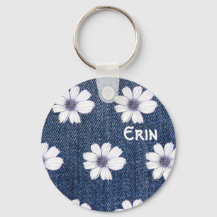 Porte-clés Nom personnalisé motif de fleurs Navy Bouton de t