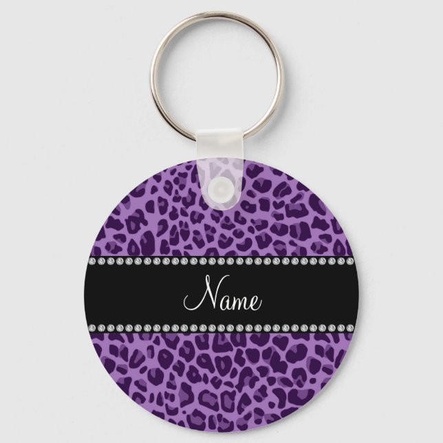 Porte-clés Nom personnalisé motif léopard violet (Recto)