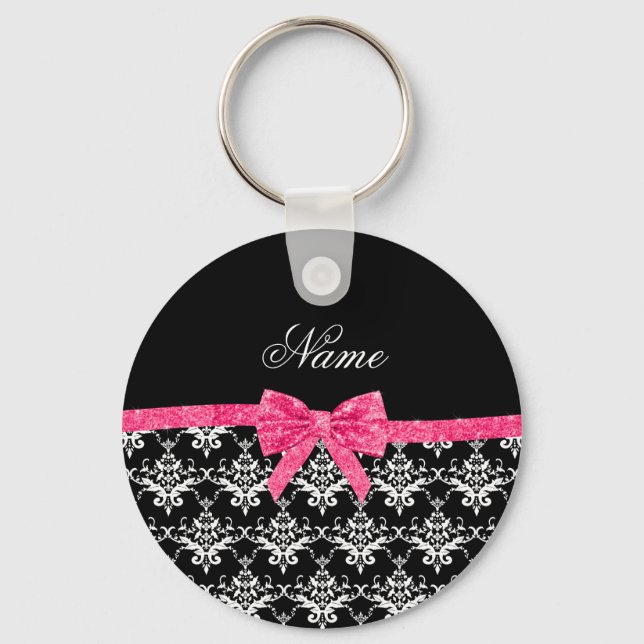 Porte-clés Nom personnalisé noir blanc damassé rose arc parti (Recto)