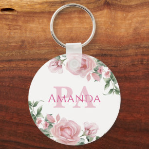 Porte-clés Nom personnalisé PA à fleurs roses