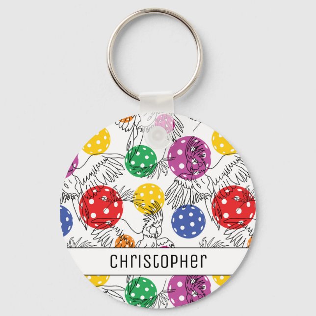 Porte-clés Nom personnalisé, Pickleball avec 🦜 perroquets, c (Recto)