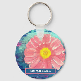 Porte-clés Nom personnalisé PINK Flower Acrylique peinture