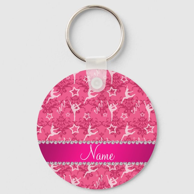 Porte-clés Nom personnalisé rose damas gymnastique (Recto)