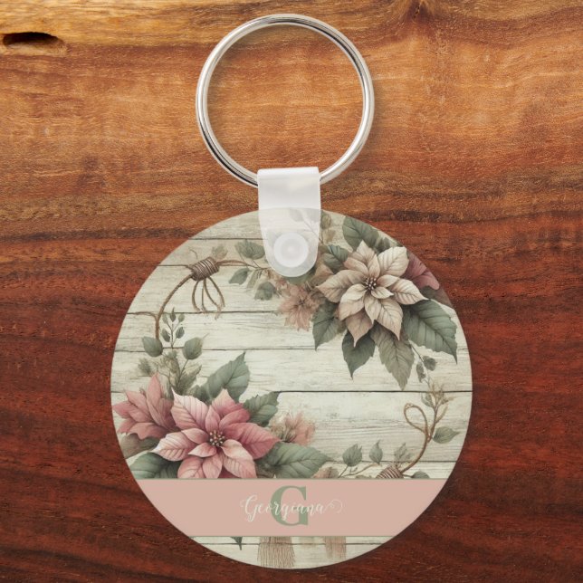 Porte-clés Nom Personnalisé Shabby Chic Pastel Poinsettias Ga (Recto)