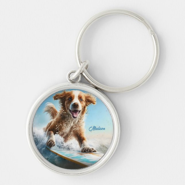 Porte-clés Nom personnalisé Surfing Chien (Devant)