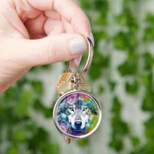 Porte-clés Nom personnalisé Tête de loup colorée stylisée