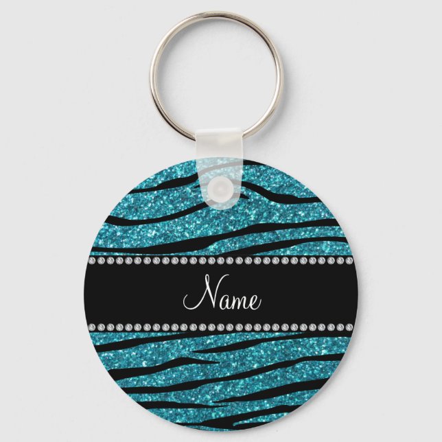 Porte-clés Nom personnalisé turquoise zèbre rayures (Recto)