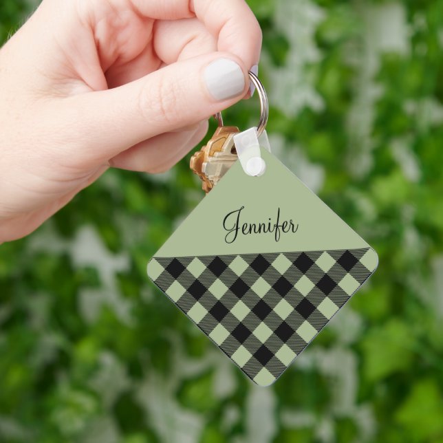 Porte-clés Nom Plaid Buffle Vert Sauge Moderne (main)
