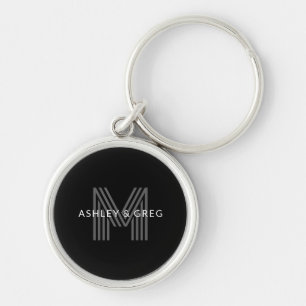 Porte-clés Nom rétro moderne modifiable monogramme noir et gr