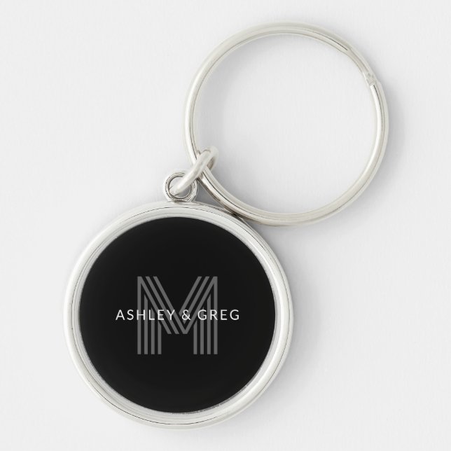 Porte-clés Nom rétro moderne modifiable monogramme noir et gr (Devant)