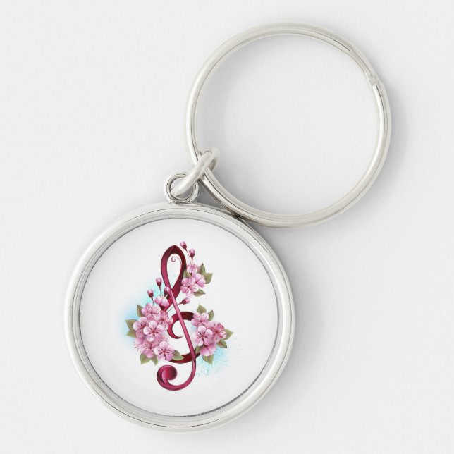 Porte-clés Notes de clef musicale en treble avec des fleurs S (Devant)