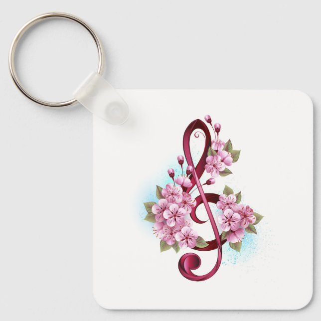 Porte-clés Notes de clef musicale en treble avec des fleurs S (Recto)