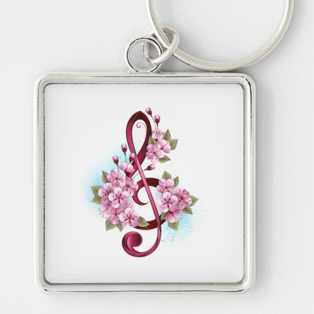 Porte-clés Notes de clef musicale en treble avec des fleurs S (Devant)