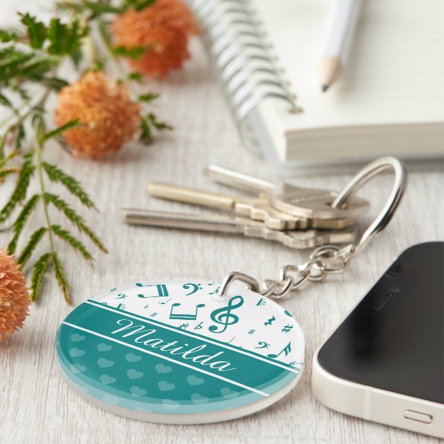 Porte-clés Notes de musique et Motif de coeur Turquoise et bl (Devant droit)