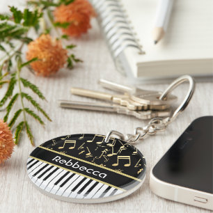 Porte-clés Notes musicales et touches de piano Noir et Or