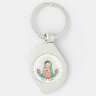 Porte-clés Notre-Dame de Guadalupe avec des fleurs Style Kawa