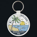 Porte-clés Ocean City Maryland Vintage<br><div class="desc">Illustration dessinée à la main par Ocean City avec palmiers et vagues dans l'arrière - plan. Parfait pour tous ceux qui aiment visiter Ocean City.</div>
