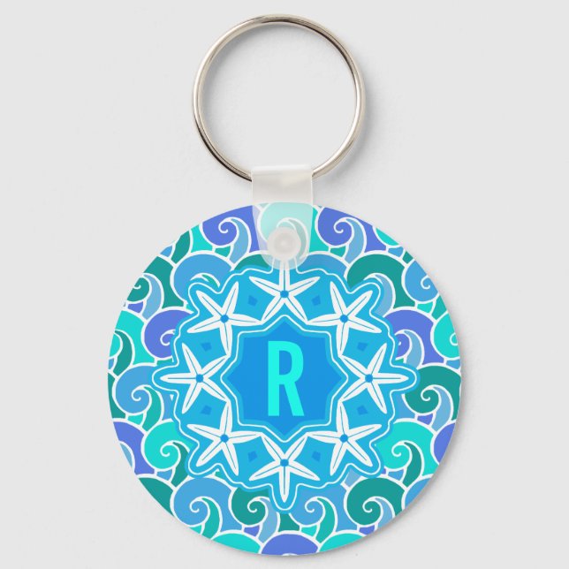 Porte-clés Ocean Waves Nautical Beach Starfish Monogram Blue (Recto)