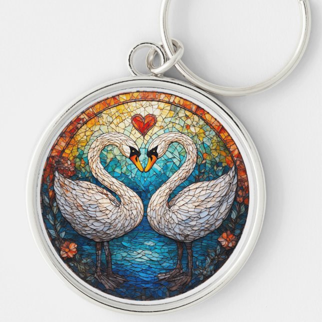 Porte-clés Œuvre d'art mosaïque représentant des cygnes blanc (Devant)