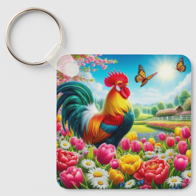 Porte-clés OEuvre florale/de printemps/de poulet (Recto)