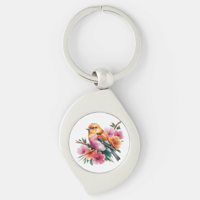 Porte-clés Oiseau à fleur rose (Devant)