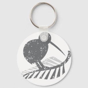 Porte-clés oiseau argenté mignon de kiwi et fougère argent