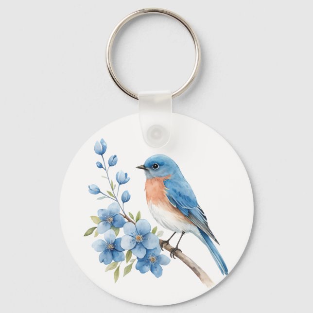 Porte-clés Oiseau bleu avec des fleurs bleues (Recto)