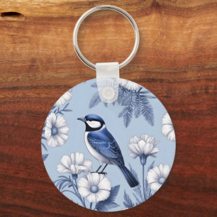 Porte-clés Oiseau Bleu Élégant et Motif Floral Blanc