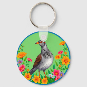Porte-clés Oiseau Coloré Parmi des Fleurs Épanouies