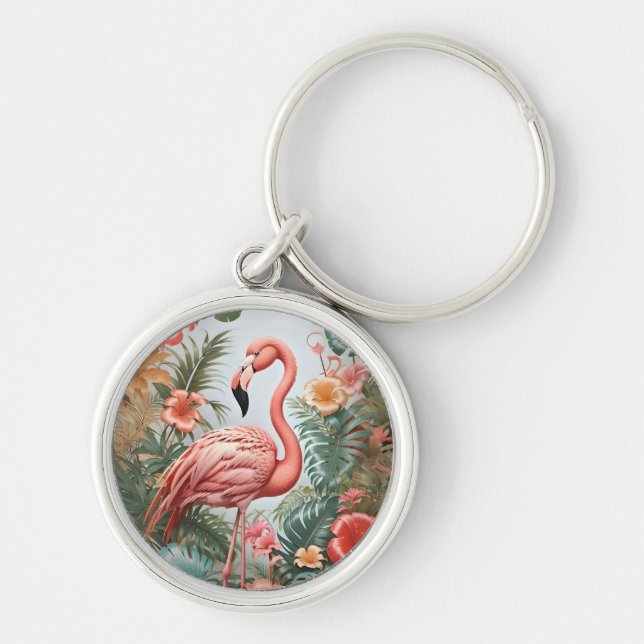 Porte-clés Oiseau de Flamant rose rose élégant et fleurs trop (Devant)