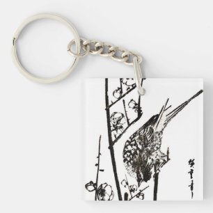 Porte-clés Oiseau japonais sur une branche - Noir et Blanc