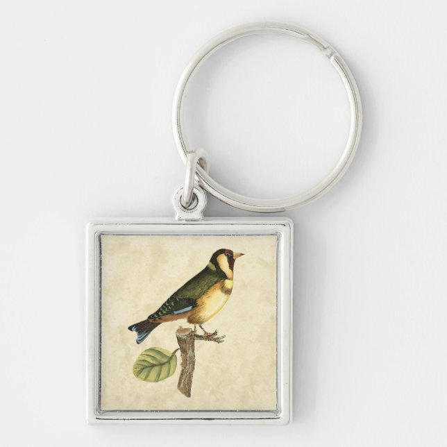 Porte-clés Oiseau jaune et vert perché sur une petite branche (Devant)