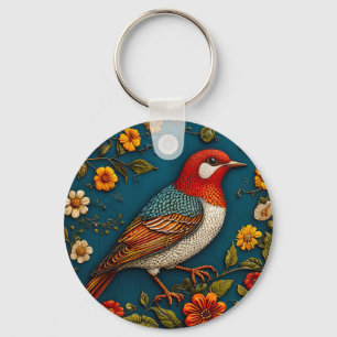 Porte-clés Oiseau perché parmi des fleurs colorées
