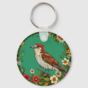 Porte-clés Oiseau Troglodyte commun coloré parmi les fleurs é