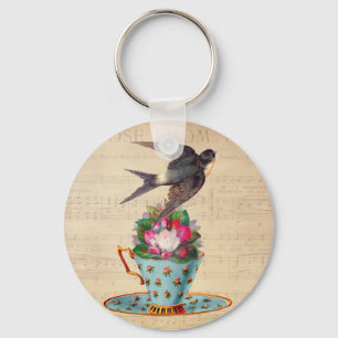 Porte-clés Oiseau vintage, roses, et tasse de thé