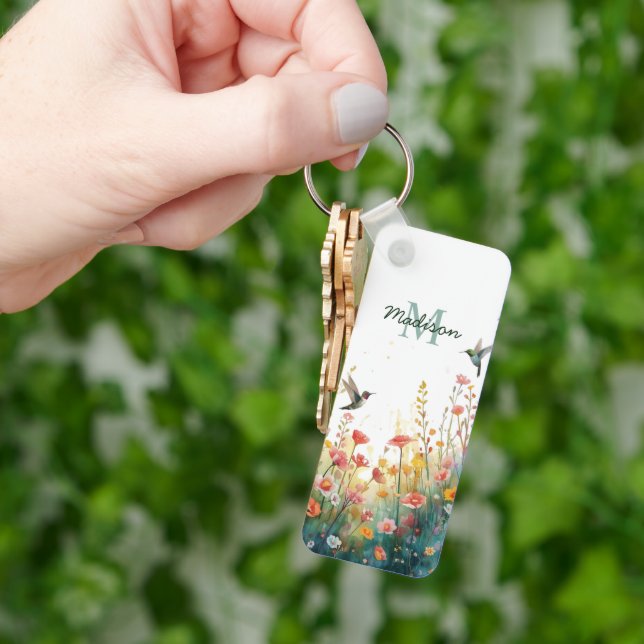 Porte-clés Oiseaux aquarelle de printemps Monogramme floral F (main)
